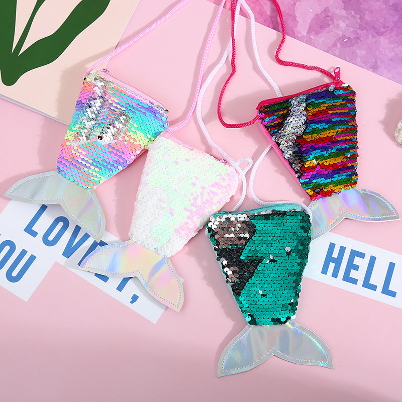 Wholesale Children' s wallet fish tail sequins lanyard coin purse girl mermaid diagonal